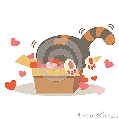 The character of cute cat in the paper box with a lot of heart. The character of cute cat playing with a paper box. Editorial Stock Photo