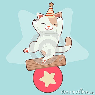 The character of cute cat playing with a big star ball in circus theme. The cute cat wear a party hat and standing on the ball on Editorial Stock Photo