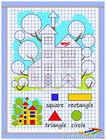 Educational page for kids. Printable worksheet on square paper for children. Learn to draw geometrical figures. Vector Illustration