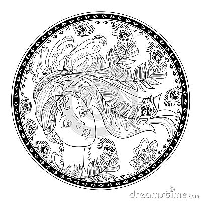 Medallion with portrait of beautiful girl. Black and white page for coloring book for children and adults. Vector Illustration