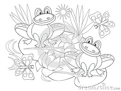 Black and white page for baby coloring book. Illustration of two cute frogs in a swamp with water lilies. Vector Illustration