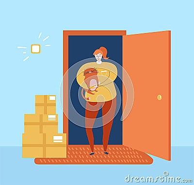 No contact delivery. Young woman with a cat receives the order at the apartment door. Basic RGB Vector Illustration