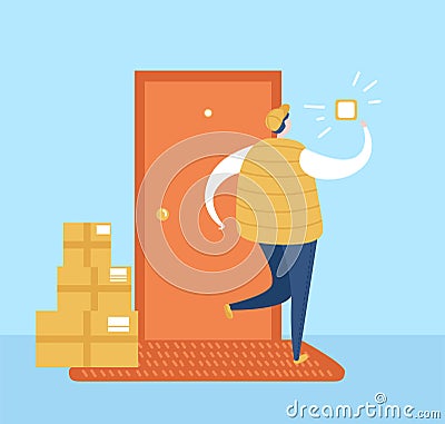 Vector illustration No contact delivery. Deliver man leaves the boxes near the apartment entrance. Basic RGB Vector Illustration