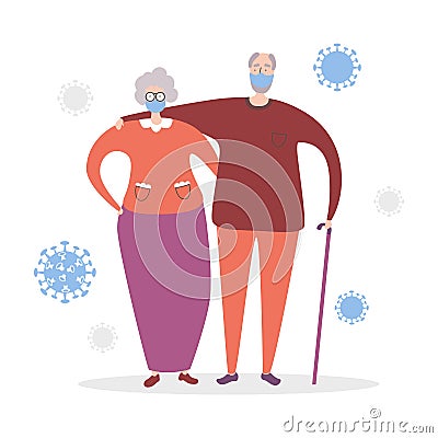 Vector illustration Coronavirus and Senior people. Old couple and virus Covid-19.Basic RGB Vector Illustration