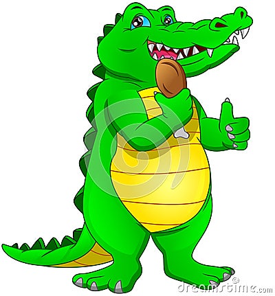 Cute baby crocodile thumb up and holding chicken thighs Vector Illustration