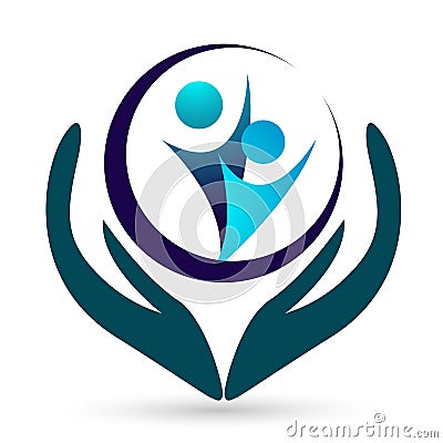 Globe save world People care hand taking care people save protect family care logo icon element vector design Stock Photo