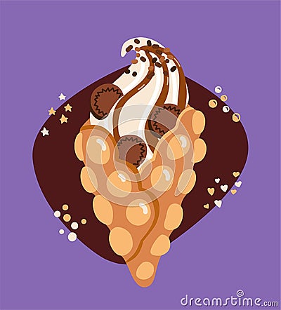 Vector illustration Hong Kong waffle. Bubble wafer with chocolate sandwich cookies and caramel sauce. Vector Illustration