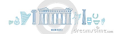 Vector illustration Welcome to Greece. Famous Greek symbols and landmarks. Vector Illustration