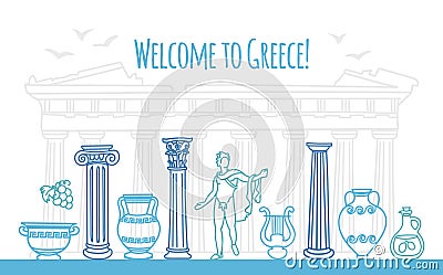 Welcome to Greece. Vector illustration of famous Greek symbols. Vector Illustration
