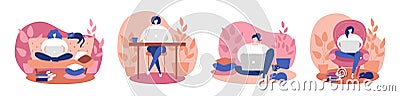 Set of illustrations Work at home. Women comfortably working on the laptop at home. Vector Illustration