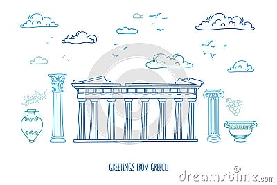 Vector card Greetings from Greece. Doodle travel card design . Vector Illustration