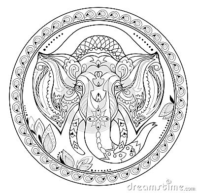 Beautiful round plate with Indian decoration. Medallion with fantastic elephant. Black and white page for coloring book. Vector Illustration