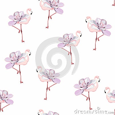 Beach image of a wallpaper with a beautiful tropic pink flamingo and violet succulent flowers. Vector Illustration