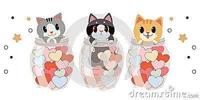 The collection of cute cat in the transparent jar and heart on the white background. The character of cute cat playing in the tra Stock Photo