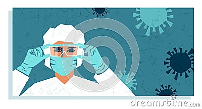 Medical staff wearing PPE, personal protective equipment to care for coronavirus covid-19 patients Vector Illustration