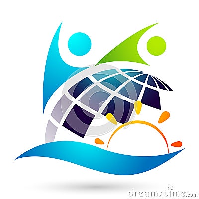 Globe save world People life care taking care people save protect family care logo icon element vector design Stock Photo