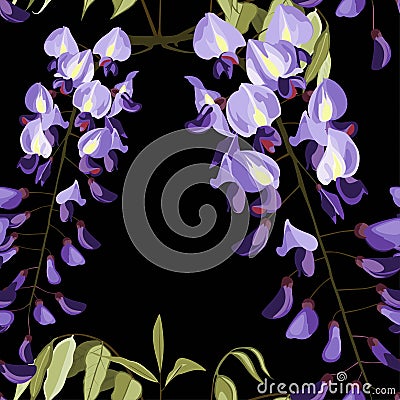 Beautiful seamless floral summer pattern background with japanese exotic flowers, wisteria. Stock Photo