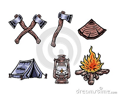 Vector illustration of camping vacation objects set Vector Illustration