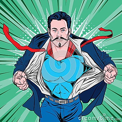 Mustache Superhero Style Open Clothing Male Art Retro Vector Illustration