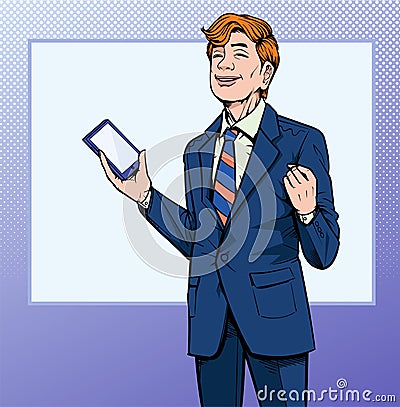 Business man with Tablet and mobile phone Some people are impressive. Illustration vector On pop art comics style. Vector Illustration