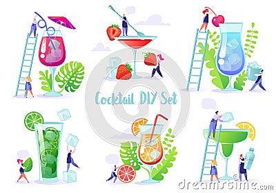 DIY homemade cocktail recipes with tropical leaves and fruits. Vector Illustration