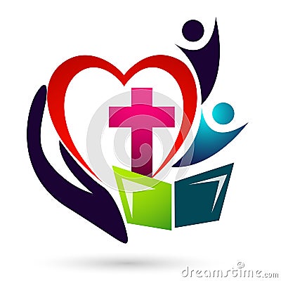 Cross with heart love bible church people union care love logo design icon on white background Cartoon Illustration