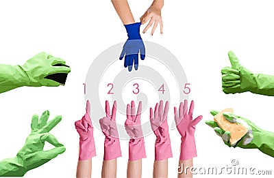 Multi colored cleaning gloves watercolor green pink blue pointing number Vector Illustration