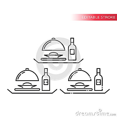 Tray server with meal, dish cover with wine bottle and a plate on platter. Vector Illustration