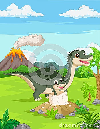 Cartoon Mother dinosaur with baby hatching Vector Illustration
