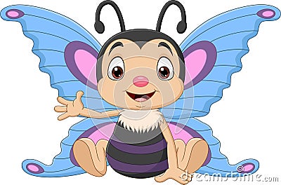 Cartoon funny butterfly sitting and waving Vector Illustration
