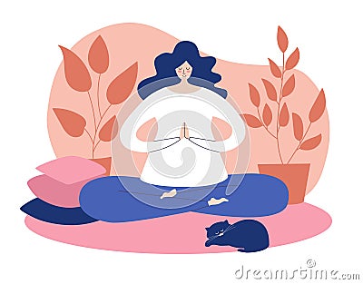 Woman meditating calmly at home. Vector Illustration