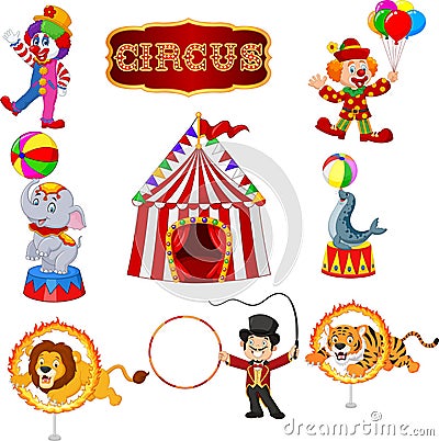 Set of circus cartoon artists and animals Vector Illustration