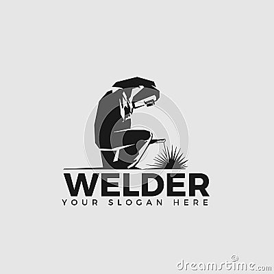 Welding company logo design sitting position, WELDER LOGO SIMPLE AND CLEAN LOGO Vector Illustration