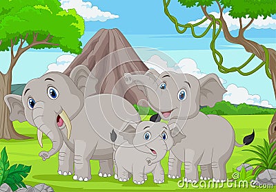Cartoon elephants family in the jungle Vector Illustration