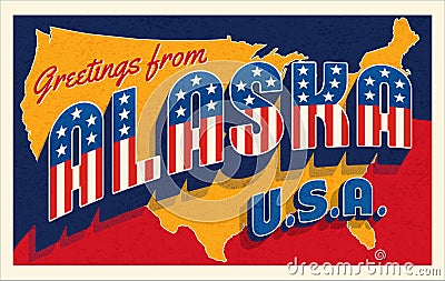 Greetings from Alaska USA. Retro style postcard with patriotic stars and stripes Vector Illustration