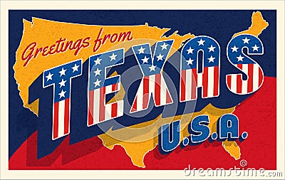 Greetings from Texas USA. Retro style postcard with patriotic stars and stripes lettering Vector Illustration