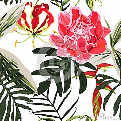 Original seamless tropical pattern with bright leaves and exotic red flowers background. Stock Photo