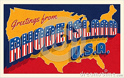 Rhode Island USA. Retro style postcard with patriotic stars and stripes lettering Vector Illustration