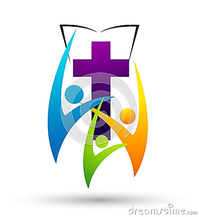 Cross with bible church people union care love logo design icon on white background Cartoon Illustration