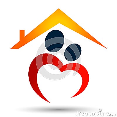 Abstract real estate with red heart shaped happy family loving home house roof illustrations vector design Cartoon Illustration