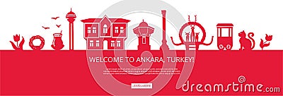 Welcome to Ankara, Turkey! Red city silhouette with famous Turkish landmarks. Vector Illustration