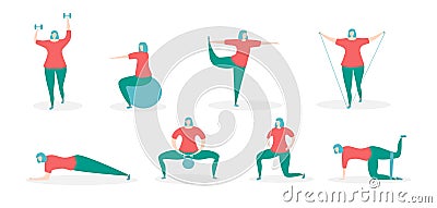 Woman exercising with fitness equipment. Vector Illustration