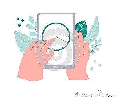 Tracking time app on phone. Working hours and productivity tracker. Vector Illustration