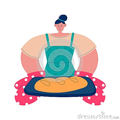 Woman baking bread at home. Young woman holding a pan with freshly baked bread. Vector Illustration