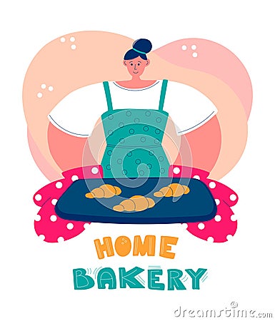 Home Bakery. Young woman baking fresh croissants. Vector Illustration