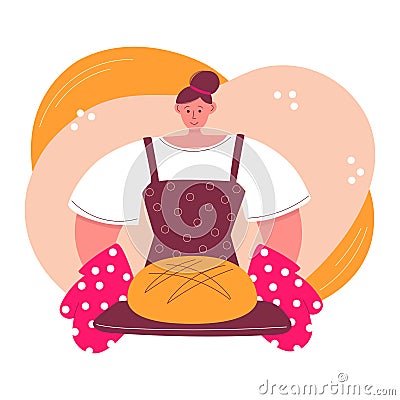 Woman baking bread at home. Young woman and freshly baked loaf of bread. Vector Illustration