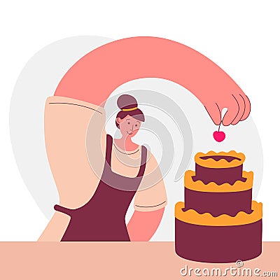 Woman cooking a cake at home. Young woman decorates a baked cake with a cherry. Vector Illustration