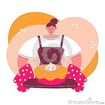 Woman baking pie at home. Vector Illustration