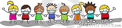 Group of kids hand in hand, wearing masks Vector Illustration