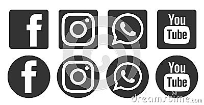 Facebook, Instagram, whatsapp, youtube social media logo icon in black vector isolated on white background Editorial Stock Photo